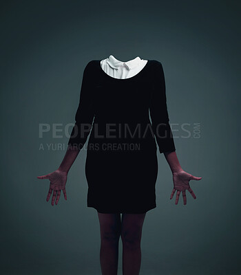 Buy stock photo Art, identity and creative headless woman in studio with surreal aesthetic style, horror or mental health. Crisis, psychology and anonymous person with depression, anxiety and fear on dark background