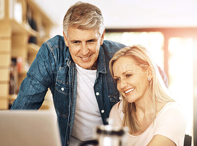 Buy stock photo Laptop, budget and happy couple in living room for retirement, vacation and planning at home. Senior man, woman and together on computer for finance, money and savings account for holiday with joy