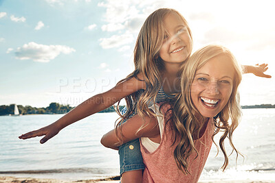Buy stock photo Portrait, mother and child on beach with piggyback, smile and playing on adventure holiday in Australia. Travel, mom and girl with summer fun, happy and bonding together with airplane games outdoor.