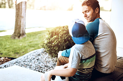 Buy stock photo Happy, ball and father with child on porch in home ready for playing soccer, sports and fun on weekend. Family, parents and dad with young boy talking, in conversation and relax outdoors for bonding