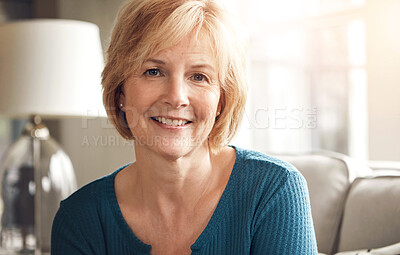 Buy stock photo Happy, portrait and senior woman on sofa in house with confidence, peace and positive attitude in her home. Face, smile and calm elderly female person relax in a living room with retirement pride.