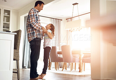 Buy stock photo Father, girl or dancing in home on feet together, growth or development with role model. Dad, happy dancer or playful in house for learning or bonding, superhero parent with princess for fathers day