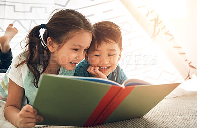 Buy stock photo Children, reading and siblings in home with book for story time, education and literature adventure for storytelling. Boy, girl and together on floor for fantasy or bonding, learning and development.