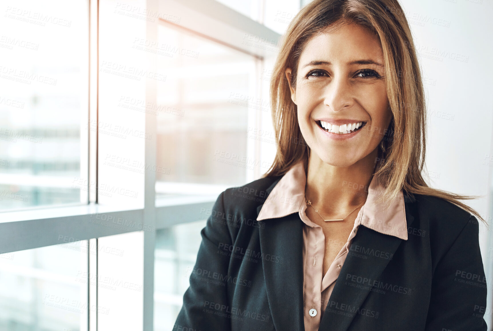 Buy stock photo Administration, portrait and smile of business woman at window in office for job opportunity. Confident, corporate and face of happy employee in professional workplace for company management