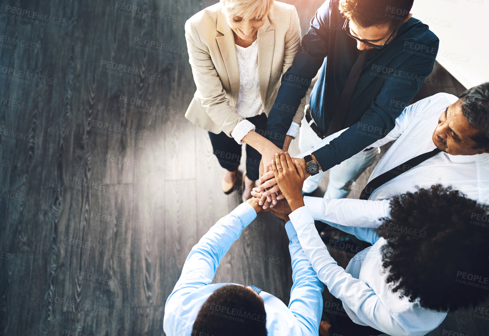 Buy stock photo Group, business people or hands in stack at workshop, collaboration or diversity in workplace community. Crowd, above or teamwork at company office for training, together for team building or support