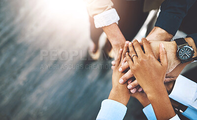 Buy stock photo Group, business people and hands in stack for solidarity, collaboration or diversity in workplace community. Crowd, above or teamwork at company office for staff commitment, together for support