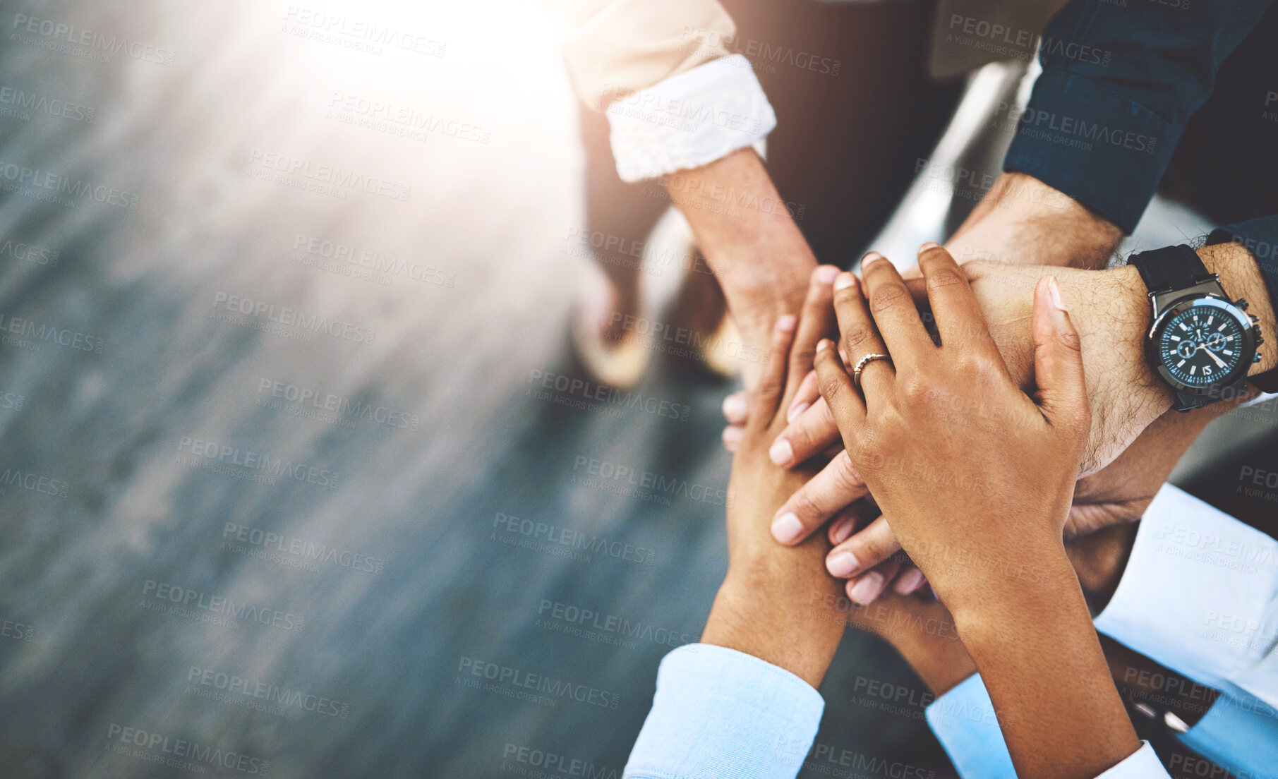 Buy stock photo Group, business people and hands in stack for solidarity, collaboration or diversity in workplace community. Crowd, above or teamwork at company office for staff commitment, together for support