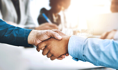 Buy stock photo Deal, handshake and partnership with business people in office together for collaboration closeup. Interview, meeting and thank you with employee team shaking hands for hiring, recruitment or welcome