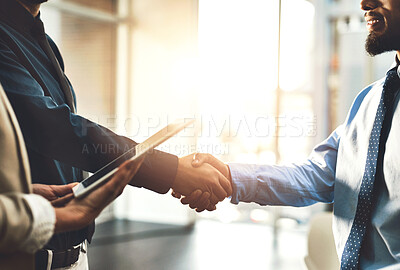 Buy stock photo Company, handshake and meeting for b2b deal, discussion and business with digital tablet contract. Office, workers or employees with teamwork or collaboration in workplace for finance or accounting