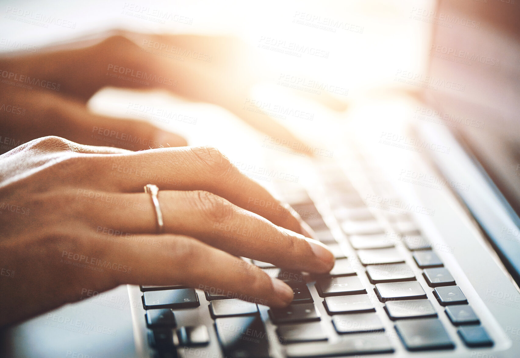 Buy stock photo Hands, laptop and typing in office at desk for crypto, trading on stock market for financial wellness. Computer, person or working at table for blockchain technology, online with keyboard for economy