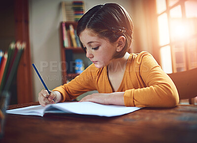 Buy stock photo Education, notebook and writing with student girl in dining room of home for distance learning. Child development, growth and study with kid at desk in bedroom of apartment for academic scholarship