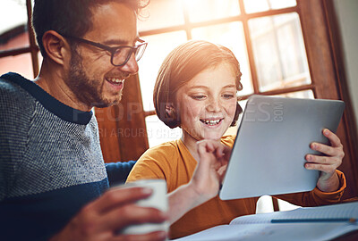 Buy stock photo Education, tablet and daughter with father in home together for development or distance learning. Family, homework and technology with happy student girl in apartment for growth, homework or study