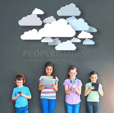 Buy stock photo Clouds, technology and children in studio with connection for entrance exam studying for school. Network, group and kids with smartphone and tablet waiting for education interview by gray background.