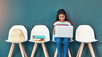 Buy stock photo Admission, education and laptop with girl student in waiting room of school for entrance exam or interview. Chairs, children and computer with academic candidate getting ready for learning assessment