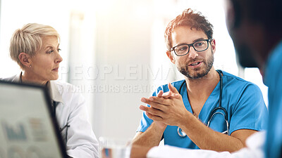 Buy stock photo Hospital, group and doctors in meeting, planning and conversation for healthcare, surgery schedule and research. People, medical and professional with communication, speaking and wellness in clinic