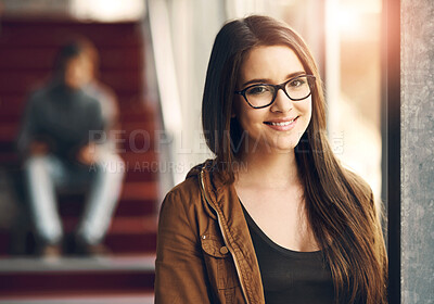 Buy stock photo Student, portrait and smile at campus with glasses or flare for education, learning and knowledge. Girl, face and happy on university, school or college with scholarship opportunity for development