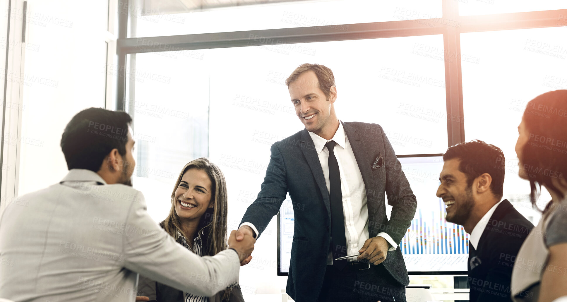 Buy stock photo Handshake, hiring and business people in meeting, recruitment and job interview with agreement. Group, employees and staff with gesture, partnership and teamwork for company merger, smile or b2b deal