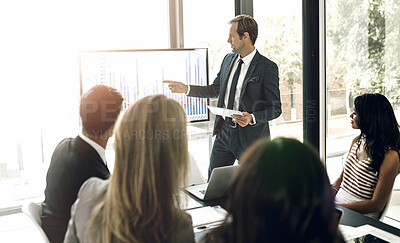 Buy stock photo Man, leader and presentation in office for business meeting, discussion for company performance. Male manager, computer tech or pitch in conference room, list charts or graphs for international sales