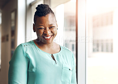 Buy stock photo Portrait, smile and black woman by window for success, career and new opportunity in profession. Female entrepreneur, happiness and proud in office for startup, person and empowerment in business