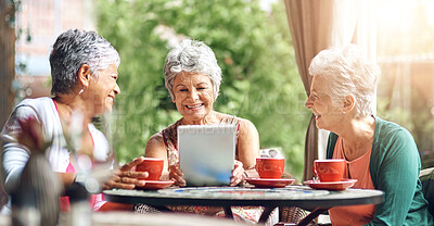 Buy stock photo Coffee shop, smile and tablet with senior women at table outdoor together for bonding or social media. Happy, love or smile and elderly friends at sidewalk cafe with technology for app or memories