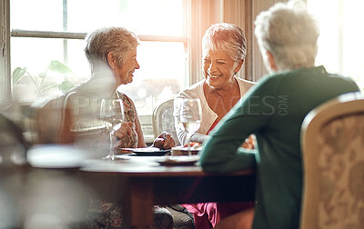 Buy stock photo Senior women, friends and smile in restaurant for wine, vacation and retirement together with happy. Elderly people, reunion and relax in diner for drinks, holiday and social celebration with memory