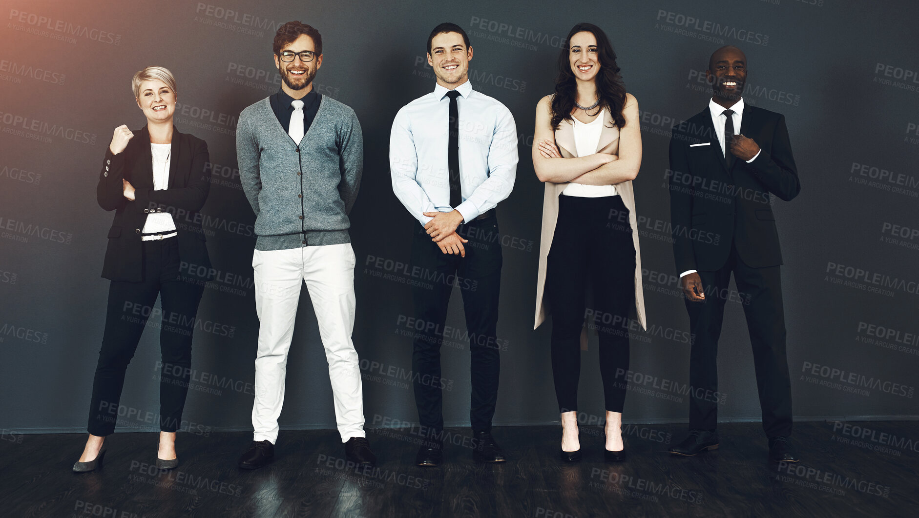 Buy stock photo Diversity, portrait and smile with business people in studio on dark wall background for collaboration. Company, confident and group of happy employee team in line together for start of career