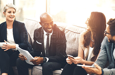 Buy stock photo Collaboration, corporate and technology with business people on sofa in lobby of office together. Laughing, happy or smile with man and woman employee team in professional workplace for meeting