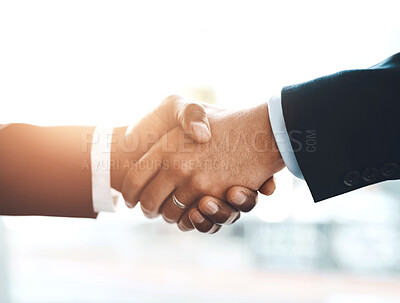 Buy stock photo Office, handshake and business people with deal, agreement and partnership for teamwork with thank you. B2b, solidarity and cooperation of corporate employees with support, shaking hands and welcome