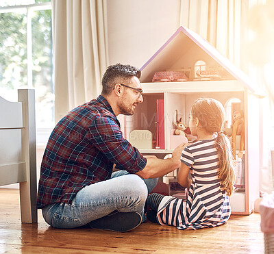 Buy stock photo Father, child and doll house in bedroom for play, fantasy or fun together at home. Dad, kid and toys in apartment for growth, development or storytelling for family with bonding, trust or care