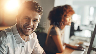 Buy stock photo Portrait, man and team in office at night for social media management, technology and success. Deadline, collaboration and male creator at desk with partner, happiness and positive review on internet