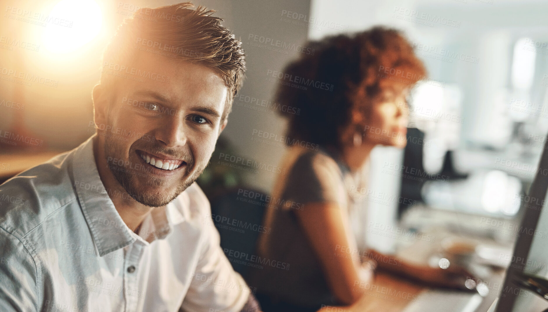 Buy stock photo Portrait, man and team in office at night for social media management, technology and success. Deadline, collaboration and male creator at desk with partner, happiness and positive review on internet