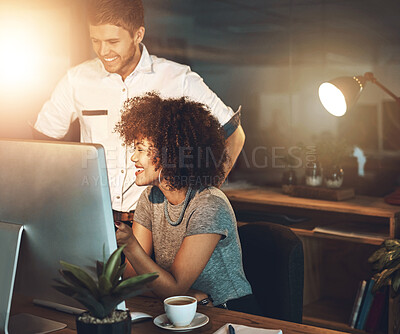 Buy stock photo Manager, worker and happy for design in office, collaboration on pitch and light for dark night. Man, woman and company with computer for website development, together with smile for digital project