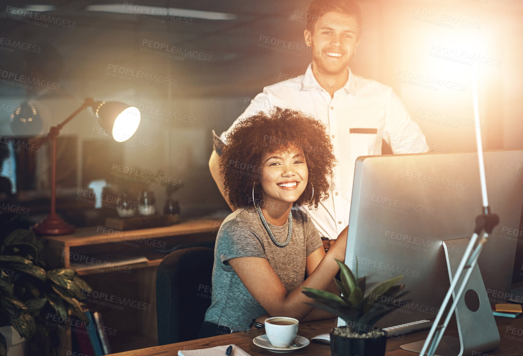 Buy stock photo Portrait, woman and partner with computer at night office for information, research and teamwork for project management. Smile, people and pc with planning, support and overtime for report deadline