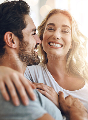 Buy stock photo Happy, relax and portrait of couple in home with hug, love and care for bonding together. Smile, marriage and young woman and man embracing for commitment, support and connection at house in Canada.