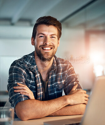 Buy stock photo Man, arms crossed and laptop for portrait in office with smile for copywriting, story or research at media company, Person, writer and editor by pc with confidence, happy and job at creative agency