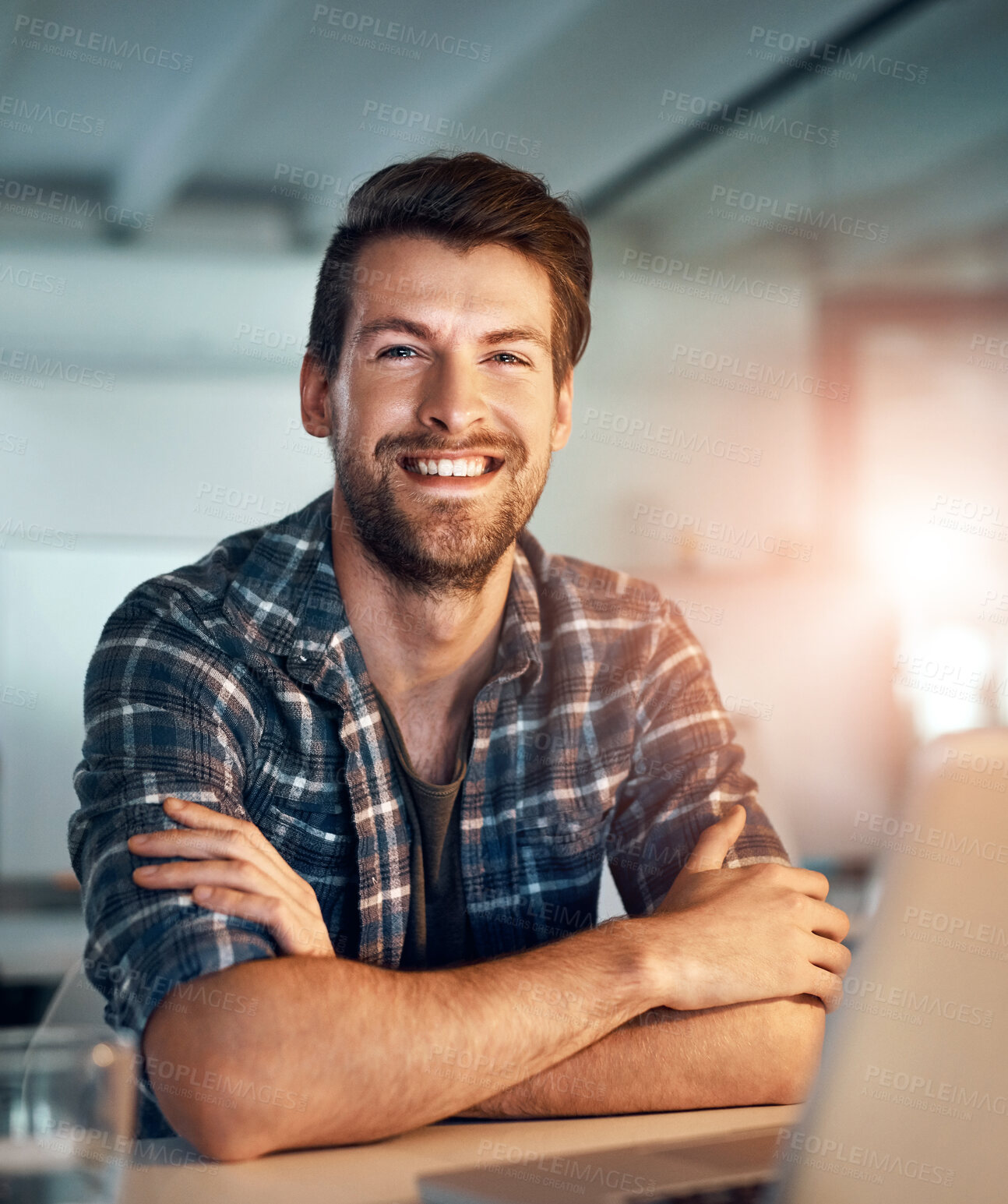 Buy stock photo Man, arms crossed and laptop for portrait in office with smile for copywriting, story or research at media company, Person, writer and editor by pc with confidence, happy and job at creative agency