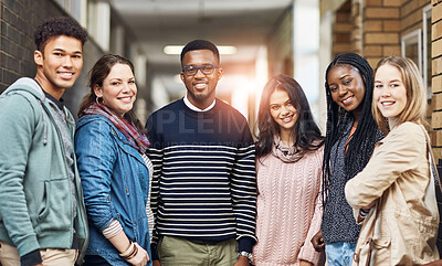 Buy stock photo Education, portrait and student friends on college or university campus together for learning. Diversity, happy or smile with man and woman learner group in school hallway for academic scholarship