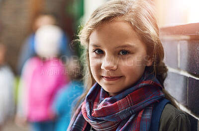 Buy stock photo Elementary school, hallway and portrait of girl with smile for academy education, scholarship and child development. Happy, face and kid in corridor for learning, study and growth in knowledge