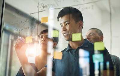 Buy stock photo Glass, planning and writing with business team in office together for coaching or training. Meeting, storyboard and workshop with employee people in workplace for learning or upskill development