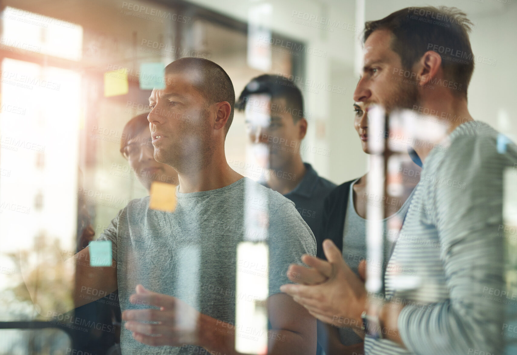 Buy stock photo Glass, planning and talking with business people in office together for coaching or training. Discussion, meeting and storyboard with employee team in workshop for learning or upskill development