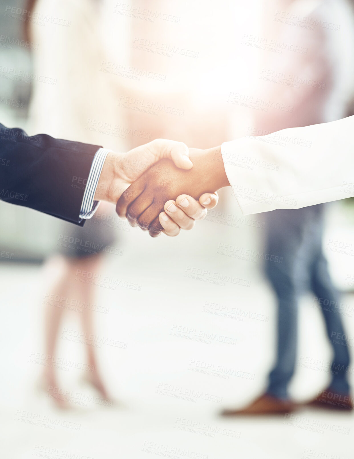 Buy stock photo Business people, B2B deal and handshake with teamwork in office for collaboration, partnership or meeting. Closeup, lens flare and employees shaking hands for onboarding, opportunity or recruitment