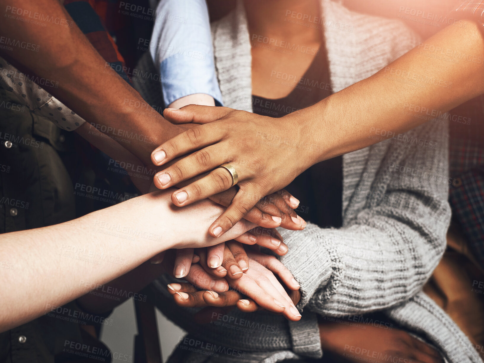 Buy stock photo Hands, stack and group in circle with support, solidarity and connection for synergy with people. Teamwork, link and care with scrum, huddle and helping with collaboration, community and agreement