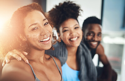 Buy stock photo Fitness, portrait and yoga with friends in studio together for women, healing or wellness. Exercise, mental health and smile with pilates group of mindful people in class for awareness or balance