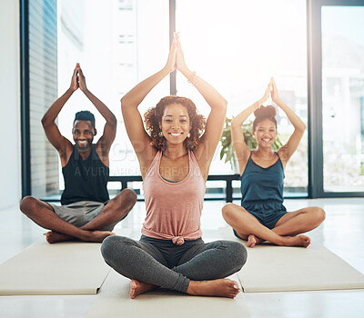 Buy stock photo Meditation, portrait and smile with people in class together for healing, holistic balance or wellness. Exercise, fitness or pilates with man and woman yoga group on studio floor for mental health