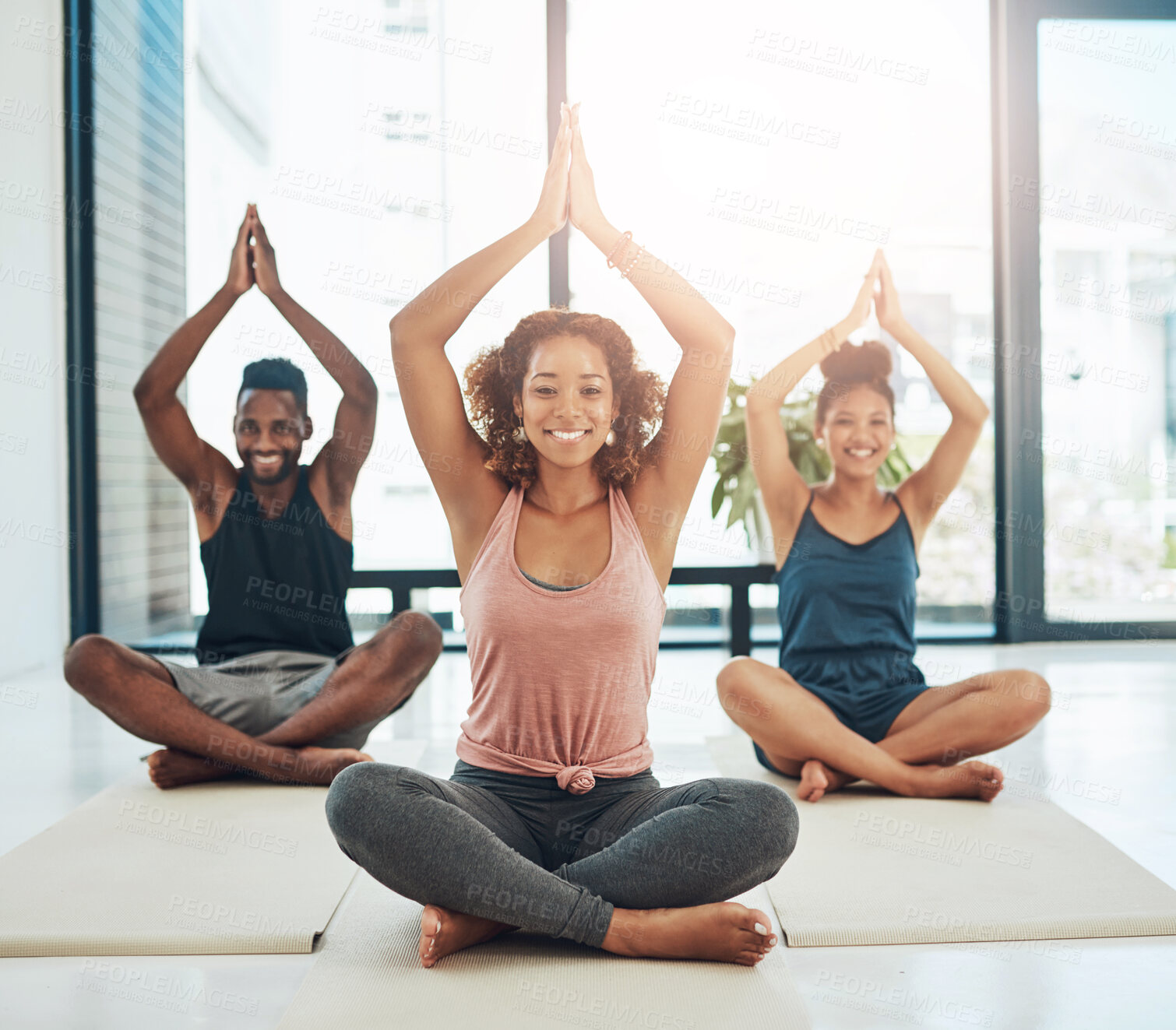 Buy stock photo Meditation, portrait and smile with people in class together for healing, holistic balance or wellness. Exercise, fitness or pilates with man and woman yoga group on studio floor for mental health