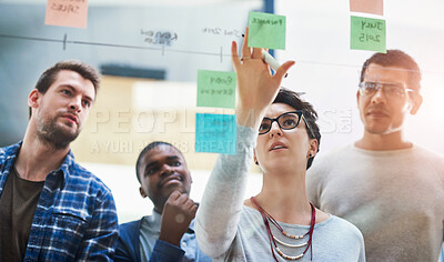 Buy stock photo Woman leader, team and sticky notes on glass for timeline, strategy and brainstorming in workshop. Female speaker, presentation and group training in boardroom for idea, collaboration and information