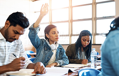 Buy stock photo University, questions and girl with hand up in classroom for exam, test or help with school project. Education, learning and student with palm sign for attention in college, presentation or lecture