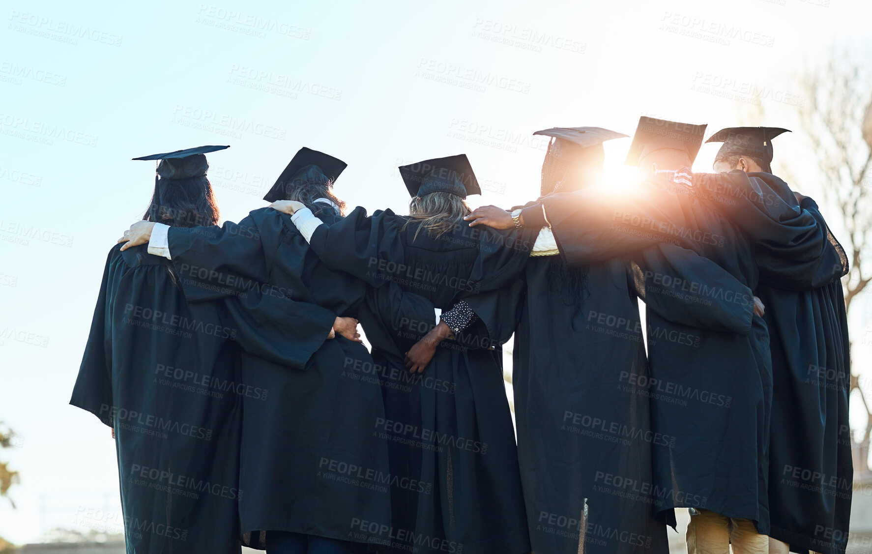 Buy stock photo People, group row and  graduation for education at university, together with back hug for achievement. Graduate, college and campus with solidarity for academic goal, students with bright future