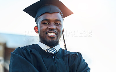 Buy stock photo Graduation, black man and portrait for success, education and outdoor with smile and happiness for goal. Achievement, person and student in college, event and celebration for learning and graduate