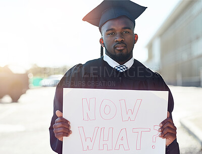 Buy stock photo Graduation, portrait of black man with sign at university for education degree with question. Student, doubt and African male graduate with poster for college diploma or certificate for future